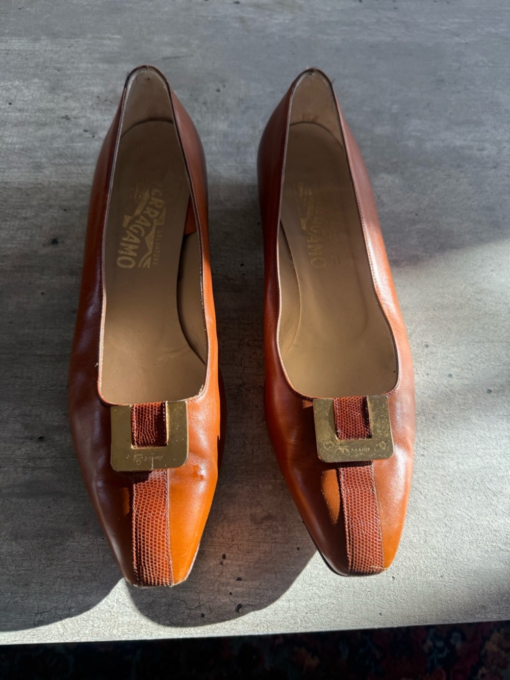 Salvatore Ferragamo Brown Leather Pumps with Gold Buckle